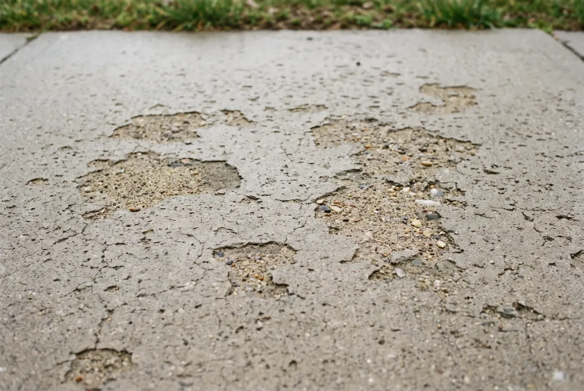Concrete slab surface flaked away in shallow patches exposing sand and aggregate